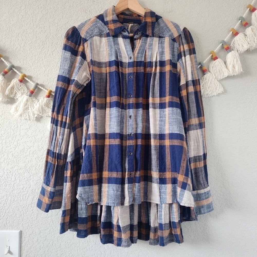 Free People Preppy In Plaid Oversize High Low Flowy Button Down Top Academia XS